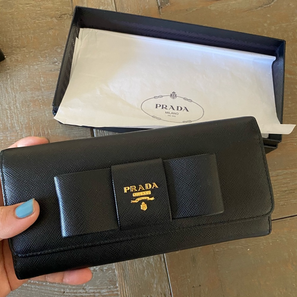 Prada Large Black Saffiano Leather Wallet with Bow